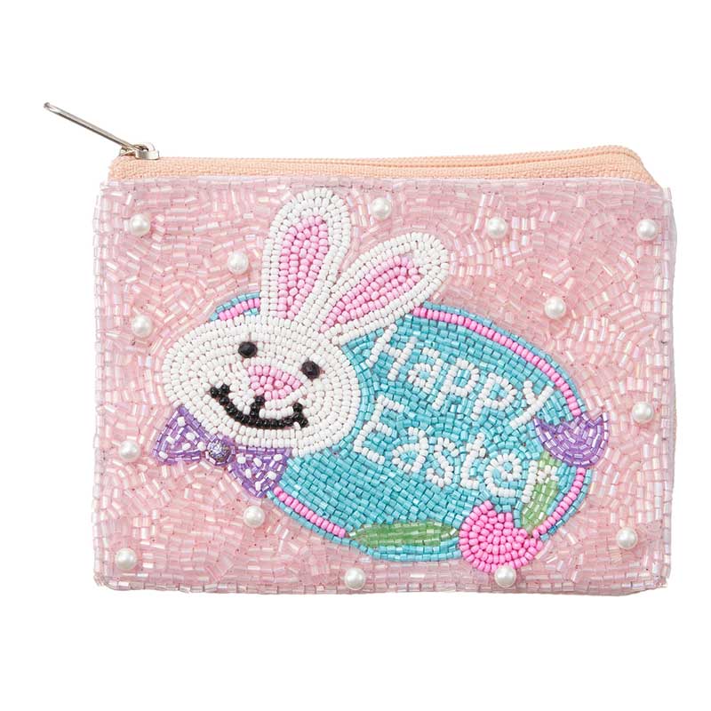 Pink HAPPY EASTER Message Easter Bunny Seed Beaded Mini Pouch Bag is a festive and fun accessory for the Easter holiday. The intricate beadwork and thoughtful design make it the perfect addition to any Easter outfit. Show off your love for the holiday with this cute and stylish pouch bag.