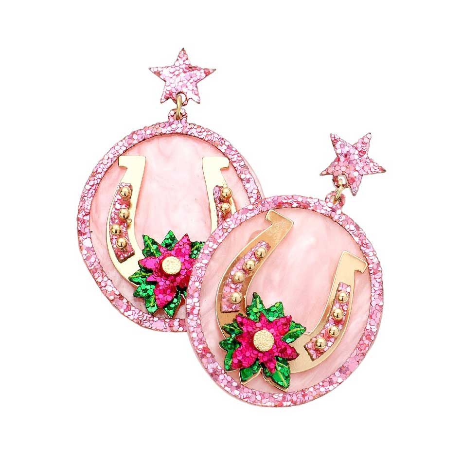 Pink Horseshoe Flower Embellished Oval Palette Dangle Earrings, A charming addition to your accessories collection, these will add a touch of sophistication to any look. Crafted from metal alloy material, these earrings feature an oval palette design with horseshoe flower embellishment for a subtle yet sophisticated finish.
