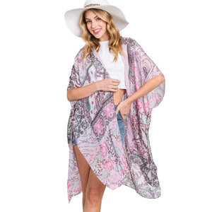 Pink Paisley Flower Print Kimono Poncho, Expertly crafted with a paisley print, this kimono poncho is a versatile addition to any wardrobe. Made with lightweight, breathable material, it's perfect for layering over any outfit for a chic look. Enjoy the unique design and comfortable fit of this piece.