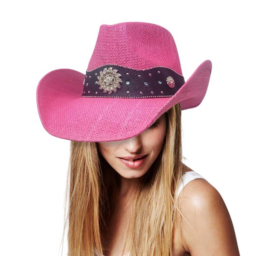 Pink Vintage Metal Western Flower Pointed Genuine Leather Straw Cowboy Hat, Expertly crafted from genuine leather and adorned with a vintage metal western flower, this cowboy hat is the perfect blend of style and functionality. The pointed design and straw material provide a classic look.
