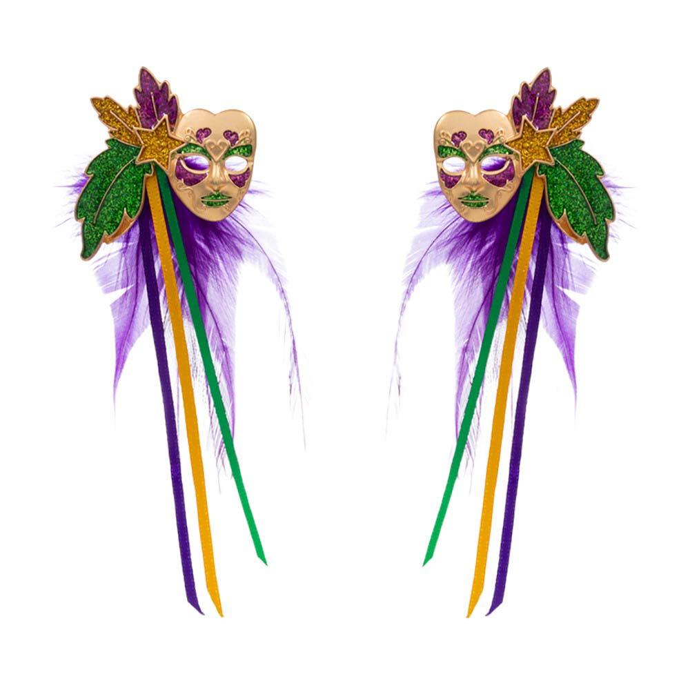 Purple Mardi Gras Masquerade Mask Feather Earrings, offer a unique way to complete your masquerade party outfit. The earrings feature a detailed mask design with colorful feathers and provide a comfortable fit. Enjoy the luxurious look of a festive masquerade costume. Perfect for holiday gifts.