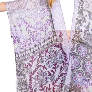 Purple Paisley Flower Print Kimono Poncho, Expertly crafted with a paisley print, this kimono poncho is a versatile addition to any wardrobe. Made with lightweight, breathable material, it's perfect for layering over any outfit for a chic look. Enjoy the unique design and comfortable fit of this piece.