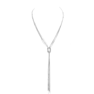 Rhodium This Secret Box Metal Chain Knot Y Necklace features a stylish and intricate knot design crafted with metal alloy for a modern, yet timeless, look. The necklace is perfect for gifting yourself or someone you love. Wear this stylish necklace for any occasion! 