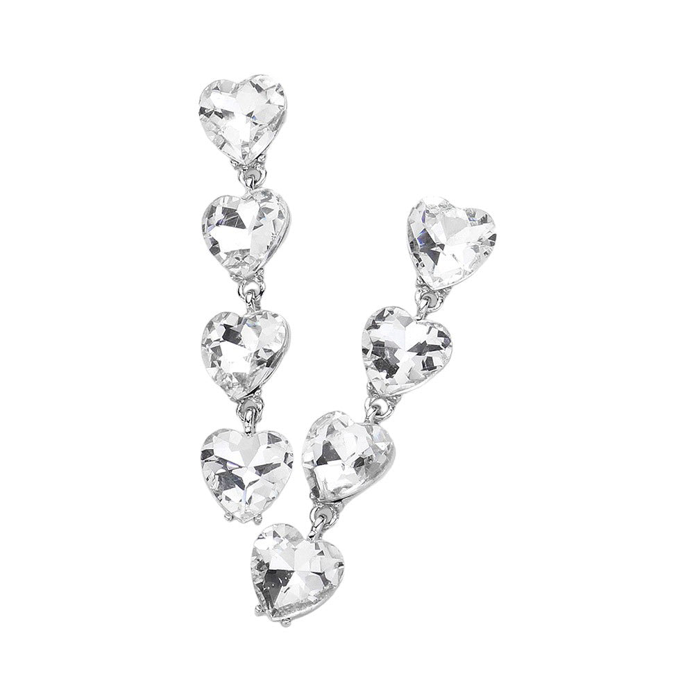 Rhodium Heart Stone Cluster Link Dropdown Evening Earrings. These elegant earrings feature a stunning heart stone cluster design, linked together for a sophisticated and glamorous look. Perfect for any evening event, these earrings add a touch of luxury to any outfit. Elevate your style with these beautiful earrings. 