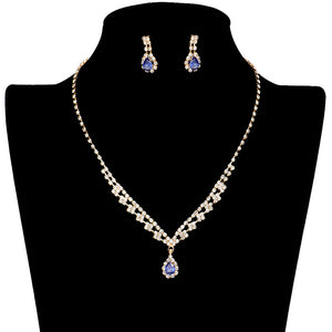 Sapphire This CZ Teardrop Stone Accented Jewelry Set, The jewelry set is detailed with sparkling cubic zirconium stones for an eye-catching and sophisticated look. The set includes a necklace, and stud earrings, this exquisite necklace will turn heads and garner compliments. Perfect for gifting to the people you care about.