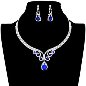 Sapphire Teardrop Stone Accented Rhinestone Jewelry Set features a beautiful teardrop-shaped stone at its center surrounded by a dazzling array of rhinestones. Perfect for special occasions, this set is sure to make you shine. Ideal gift for friends and family members on any day.