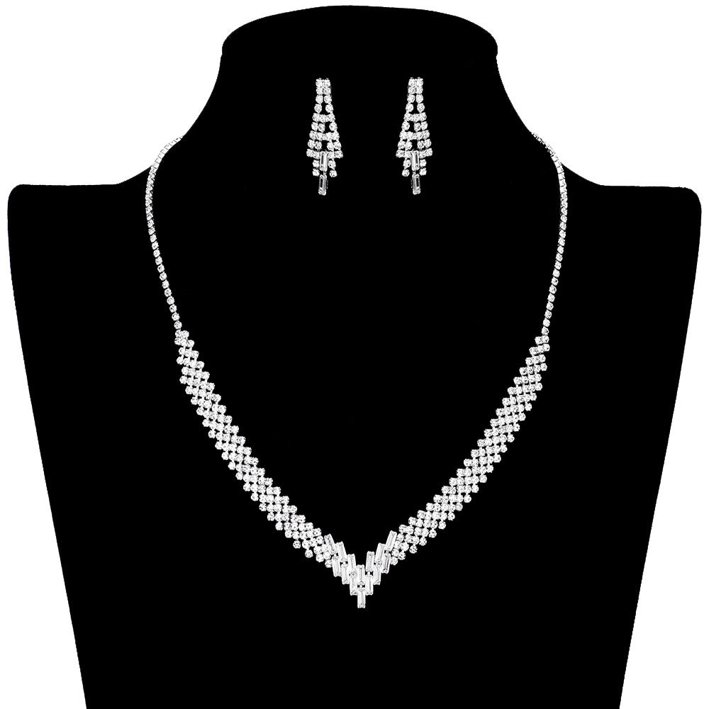 Gold CZ Baguette Stone Pointed V Shaped Jewelry Set, this CZ baguette jewelry set adds a touch of elegance to any look. This cz baguette  jewelry set is the perfect addition to any outfit. Gift for birthdays, anniversaries, Mother's Day, Prom Jewelry, or any other meaningful occasion. Stay elegant on your special days.