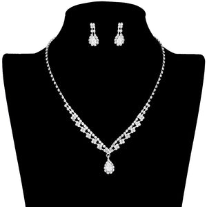 Silver This CZ Teardrop Stone Accented Jewelry Set, The jewelry set is detailed with sparkling cubic zirconium stones for an eye-catching and sophisticated look. The set includes a necklace, and stud earrings, this exquisite necklace will turn heads and garner compliments. Perfect for gifting to the people you care about.