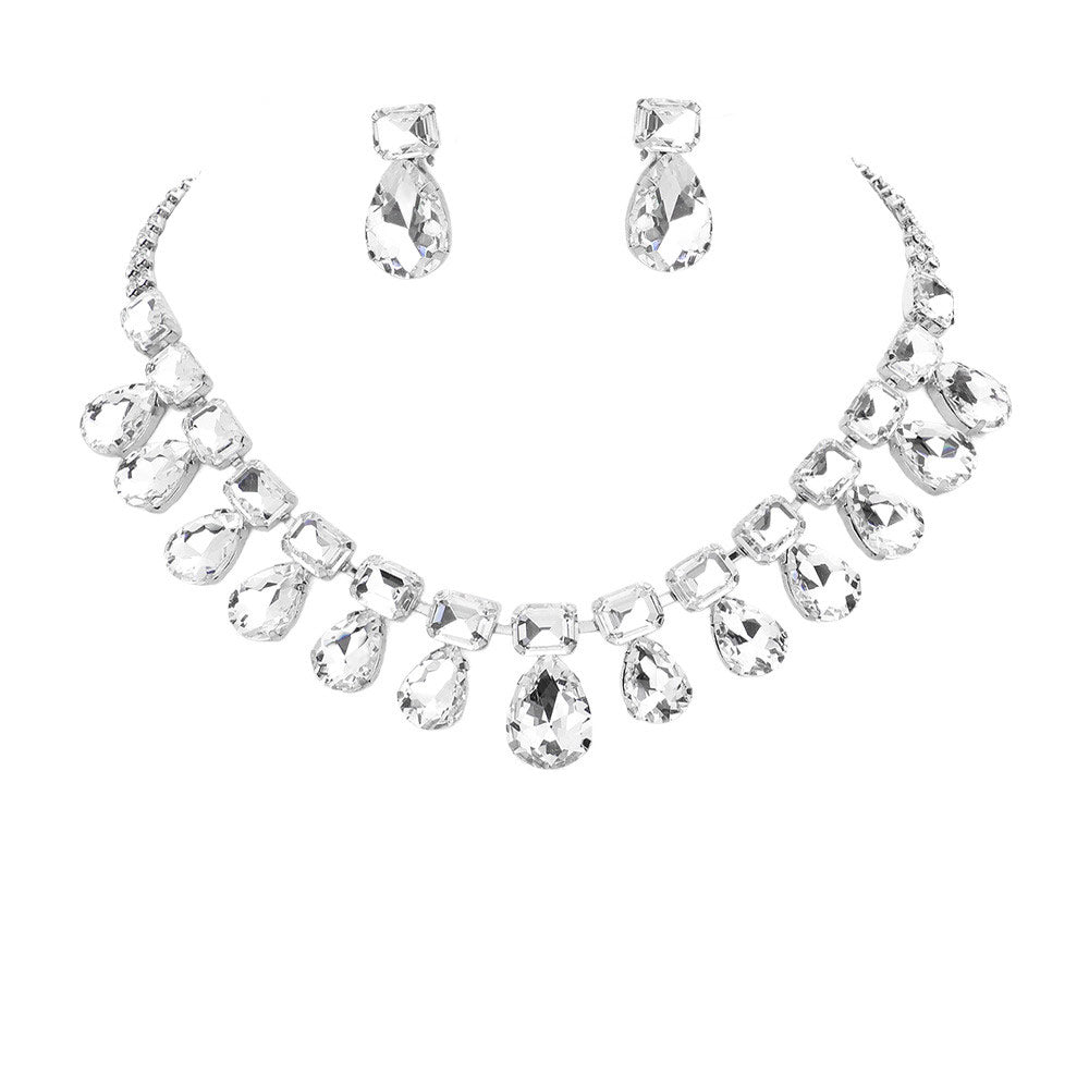 Silver Emerald Cut Teardrop Stone Cluster Evening Jewelry Set, is an excellent jewelry set that will sparkle all night long making you shine like a diamond. Crafted with attention to detail, these jewelry sets will add a touch of glamour to any attire. Perfect gift for birthdays, Mother's Day, anniversaries etc.
