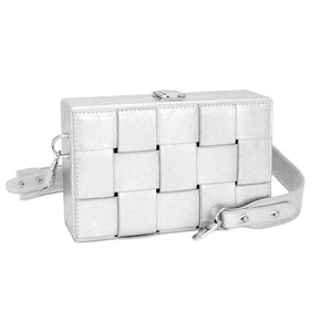 Silver Faux Leather Woven Square Box Crossbody Bag, will complete any casual or professional outfit. Made of high-quality faux leather, this bag has a woven box design and is equipped with an adjustable strap. Its lightweight design makes it easy to carry, for a truly stylish and functional accessory.