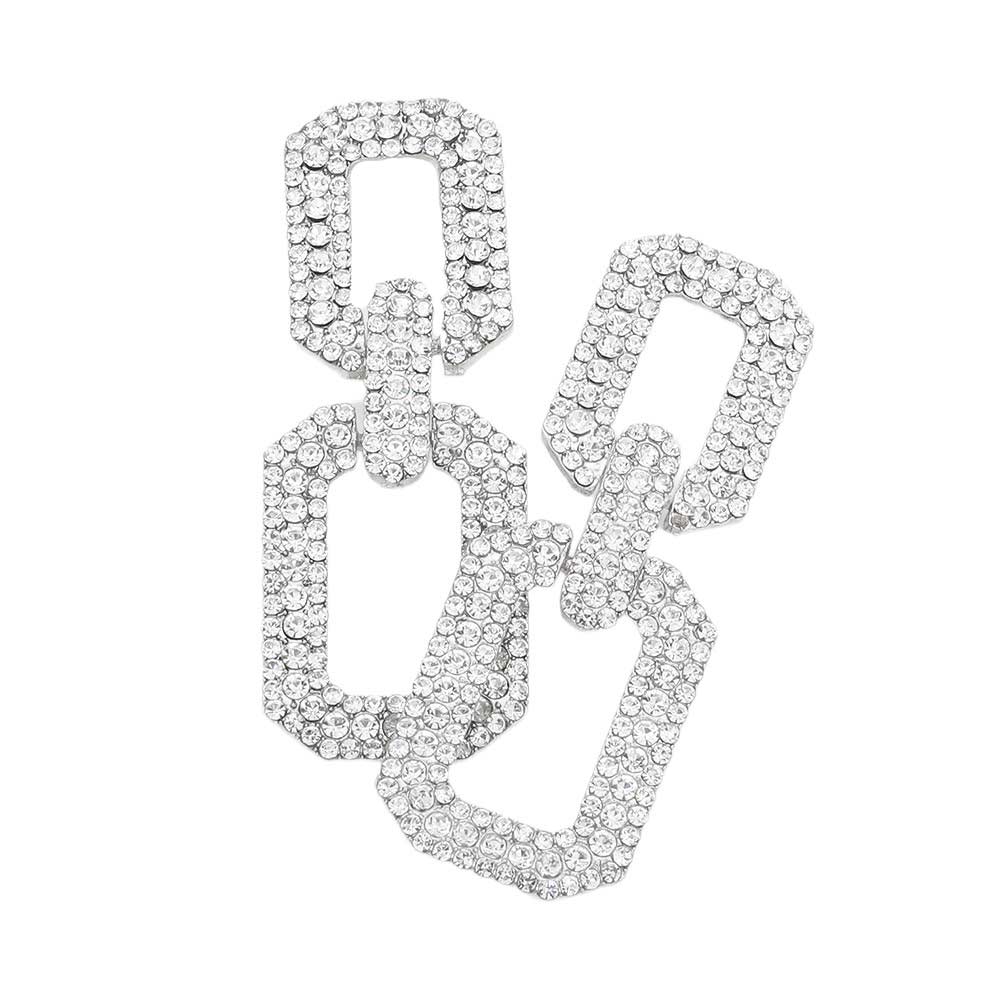 Silver Rhinestone Paved Open Square Link Evening Earrings are the perfect accessory for a glamorous night out. With intricate rhinestone detailing and an open square link design, these earrings will add sparkle and elegance to any evening ensemble. Elevate your style and make a statement with these stunning earrings.