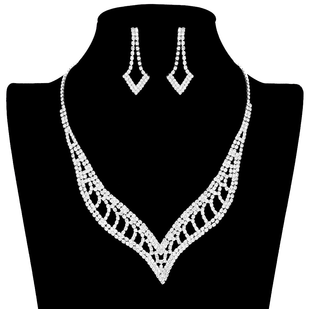 Silver Rhinestone Paved V Shaped Jewelry Set, is a perfect accessory to stand out from the crowd. Its unique V-shaped design is paved with high-quality rhinestones, providing a unique and eye-catching sparkle. Crafted from quality metals and rhinestones. Perfect for any special occasion or making a timeless lovely gift.