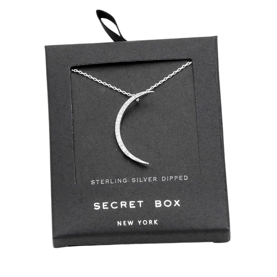 Silver Secret Box Sterling Silver Dipped CZ Moon Pendant Necklace, will surely amp up your beauty and show your perfect class anywhere, any time. Perfect Birthday Gift, Anniversary Gift, Mother's Day Gift, Anniversary Gift, Graduation Gift, Prom Jewelry, Just Because Gift, Thank You Gift, or Charm Necklace. Stay beautiful.