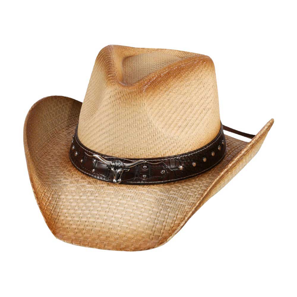 Steer Head Pointed Faux Leather Band Straw Cowboy Hat, Stay stylish and comfortable with our modern cowboy hat. Made with high-quality paper materials, this hat features a classic pointed design and a faux leather band with a steer head embellishment. Perfect for any outdoor or western-inspired event.