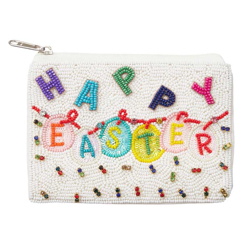 Stone Embellished Mini Pouch Bag features a seed-beaded design and a festive "HAPPY EASTER" message. Handcrafted with stone embellishments, this bag adds a touch of holiday cheer to any outfit. Perfect for holding small essentials or as a unique gift for Easter celebrations.