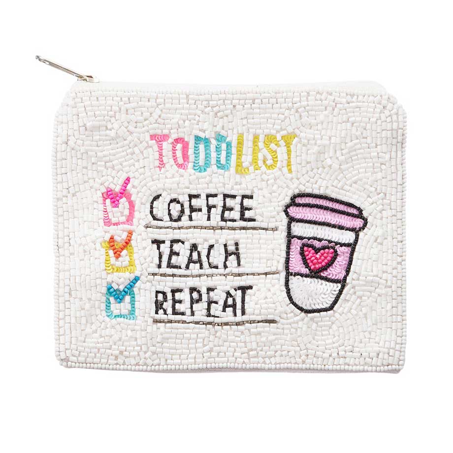 TO DO LIST TEACHER Beaded Mini Pouch is perfect for keeping your daily tasks organized. The stylish design adds a touch of fun to your routine while the durable construction ensures long-lasting use. Stay on top of your to-do's with this handy mini pouch.