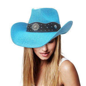 Turquoise Vintage Metal Western Flower Pointed Genuine Leather Straw Cowboy Hat, Expertly crafted from genuine leather and adorned with a vintage metal western flower, this cowboy hat is the perfect blend of style and functionality. The pointed design and straw material provide a classic look.
