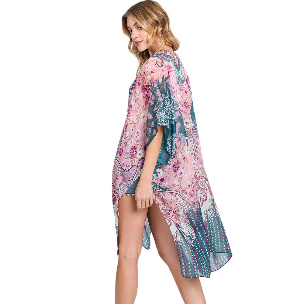 Teal Abstract Paisley Flower Print Kimono Poncho, Expertly crafted with an abstract paisley print, this kimono poncho is a versatile addition to any wardrobe. Made with lightweight, breathable material, it's perfect for layering over any outfit for a chic look. Enjoy the unique design and comfortable fit of this piece.