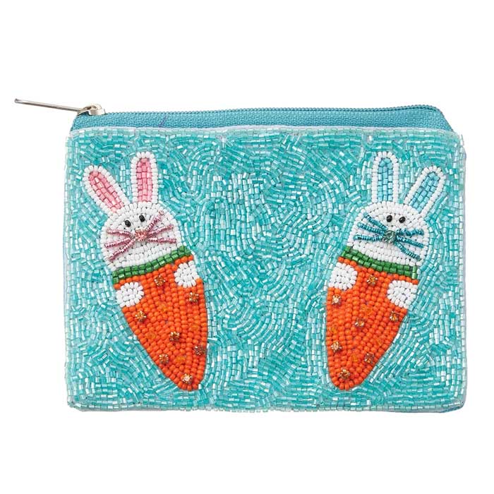 Turquoise Bunny Carrot Seed Beaded Mini Pouch Bag, This Easter, celebrate with our handcrafted mini pouch bag. Made with care from the finest materials, this bag is perfect for holding your essentials while adding a touch of festive charm to your outfit. Its intricate beaded design makes it a unique and eye-catching accessory.