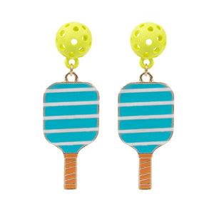 Turquoise Enamel Flower Pickle Ball Paddle Dangle Earrings. Step up your style game with these. These earrings feature intricately designed enamel flowers paired with pickleball paddles, making them the perfect accessory for any fashion-forward individual. Elevate your look with these exclusive and elegant earrings.