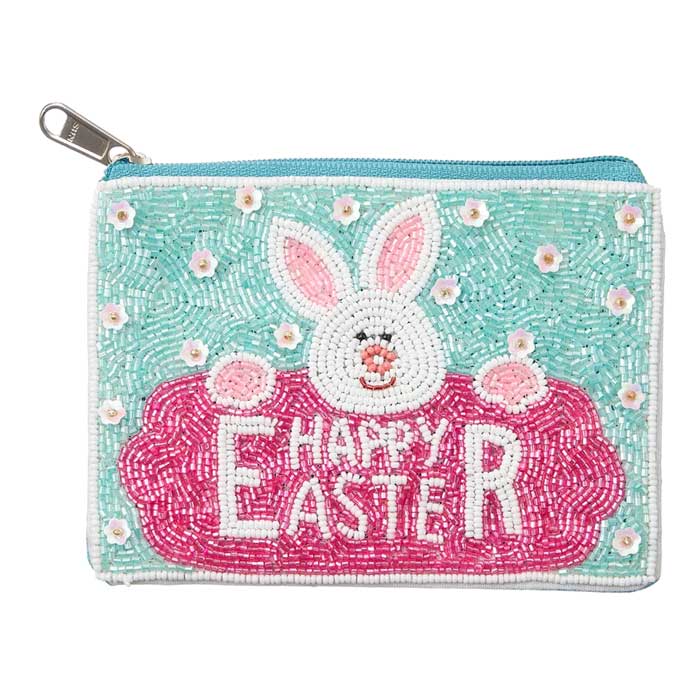 Turquoise HAPPY EASTER Message Easter Bunny Seed Beaded Mini Pouch Bag is a festive and fun accessory for the Easter holiday. The intricate beadwork and thoughtful design make it the perfect addition to any Easter outfit. Show off your love for the holiday with this cute and stylish pouch bag.