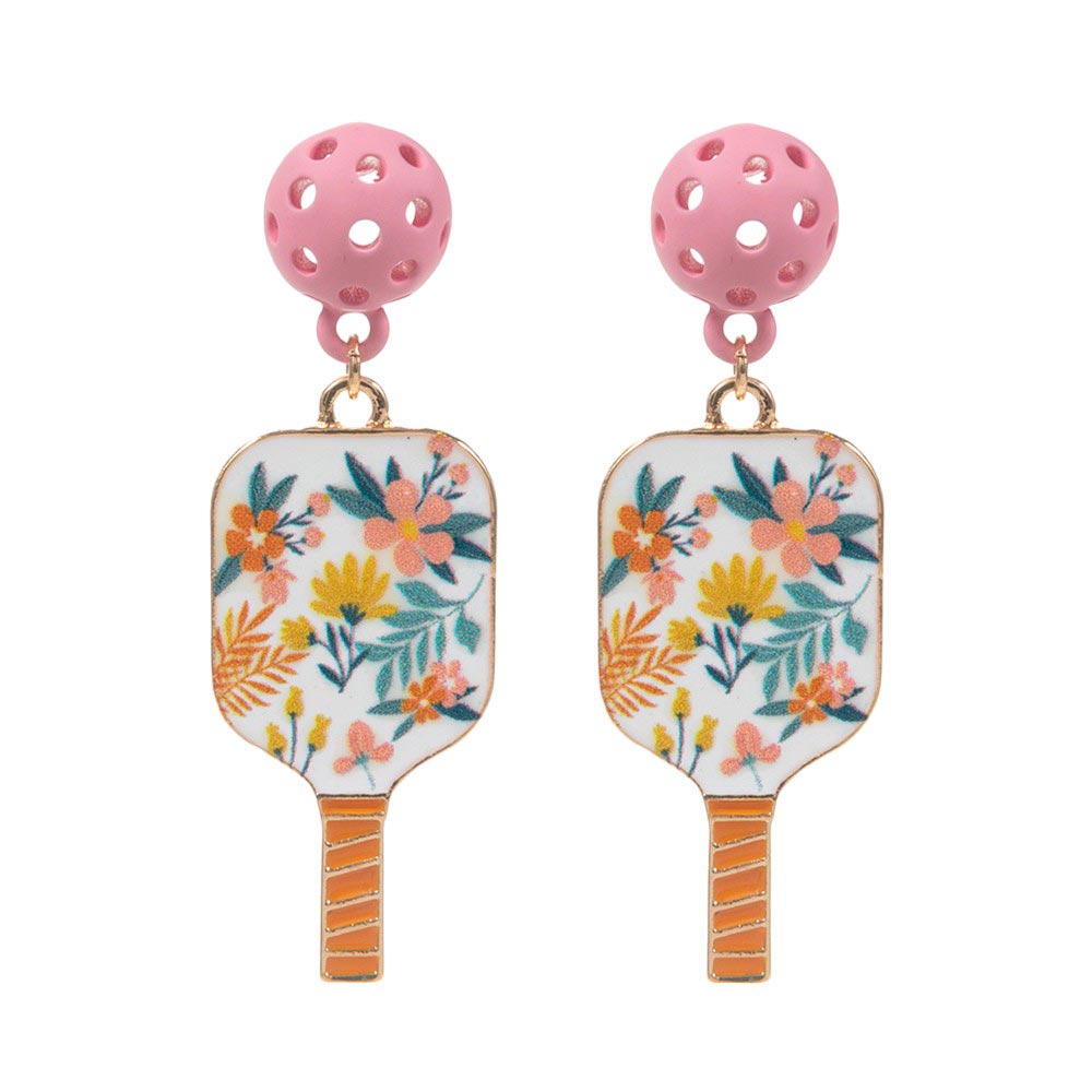 White Enamel Flower Pickle Ball Paddle Dangle Earrings. Step up your style game with these. These earrings feature intricately designed enamel flowers paired with pickleball paddles, making them the perfect accessory for any fashion-forward individual. Elevate your look with these exclusive and elegant earrings.