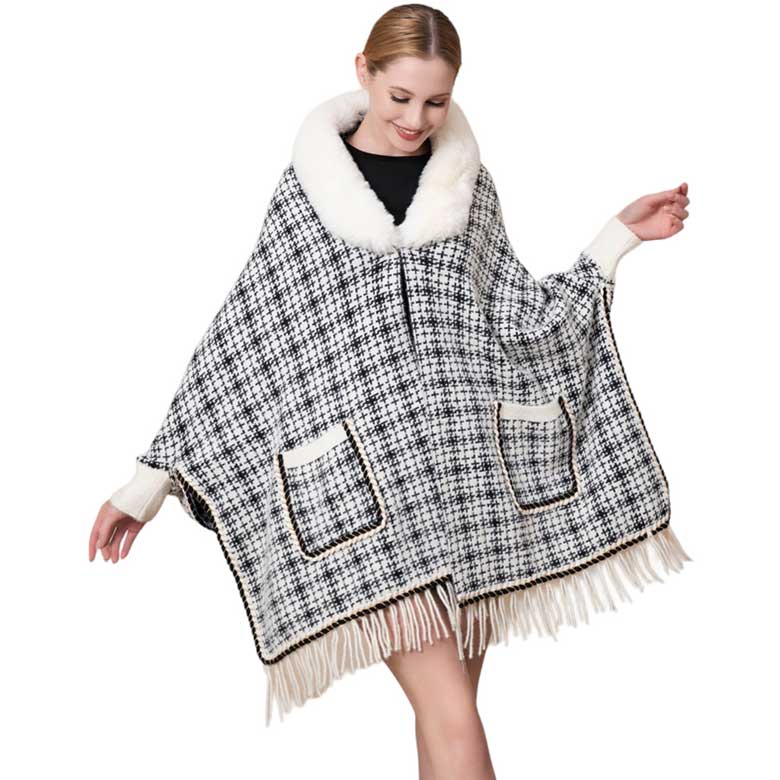 White Faux Fur Trimmed Front Pockets Fringe Tweed Ruana Poncho, Add a touch of style and warmth to your wardrobe. Crafted with soft faux fur and tweed fabric, this poncho is designed to keep you cozy and fashionable on cold days. Give the perfect gift in the winter to anyone close to you with this beautiful poncho.