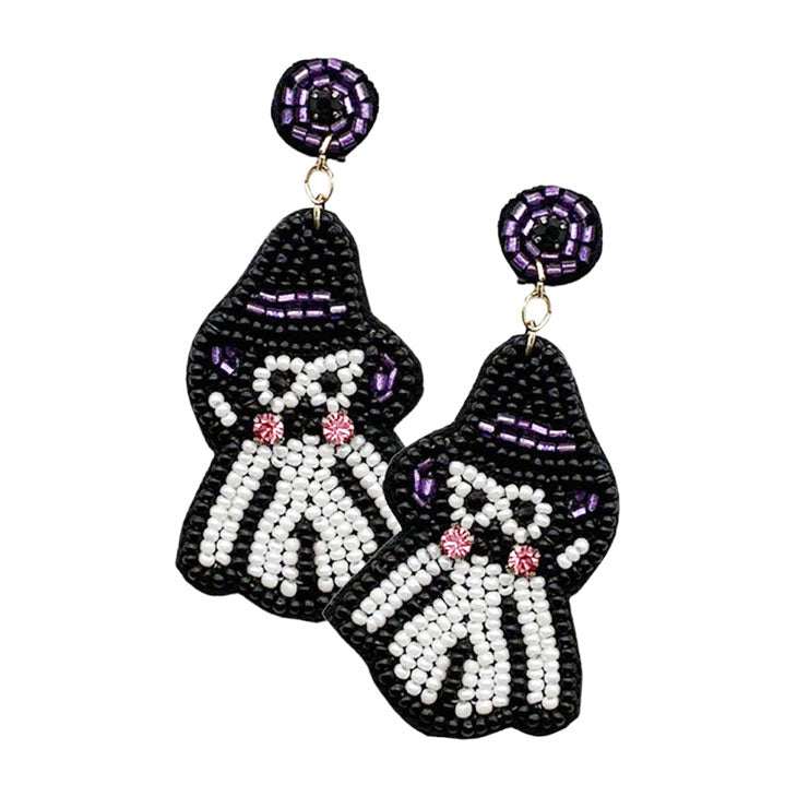 White Felt Back Seed Beaded Witch Hat Ghost Dangle Earrings, are fun handcrafted jewelry that fits your lifestyle, adding a pop of pretty color. Enhance your attire with these vibrant artisanal earrings to show off your fun trendsetting style. Great gift idea for your Wife, Mom, or any family member.