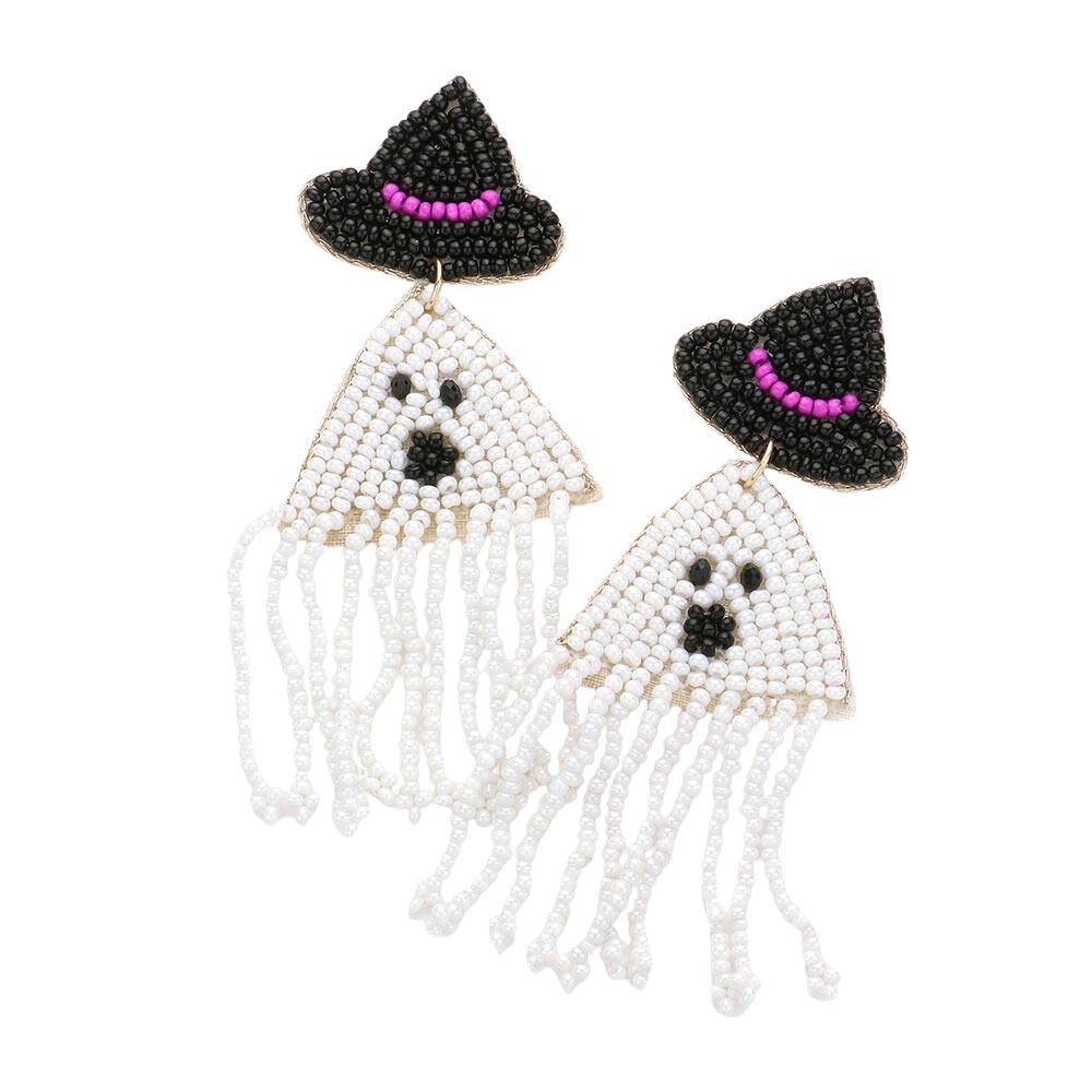 White Felt Back Seed Beaded Witch Hat Ghost Fringe Dangle Earrings, are fun handcrafted jewelry that fits your lifestyle, adding a pop of pretty color. This pretty & tiny earring will surely bring a smile to one's face as a gift. This is the perfect gift for Halloween, especially for your friends, family, and your love.