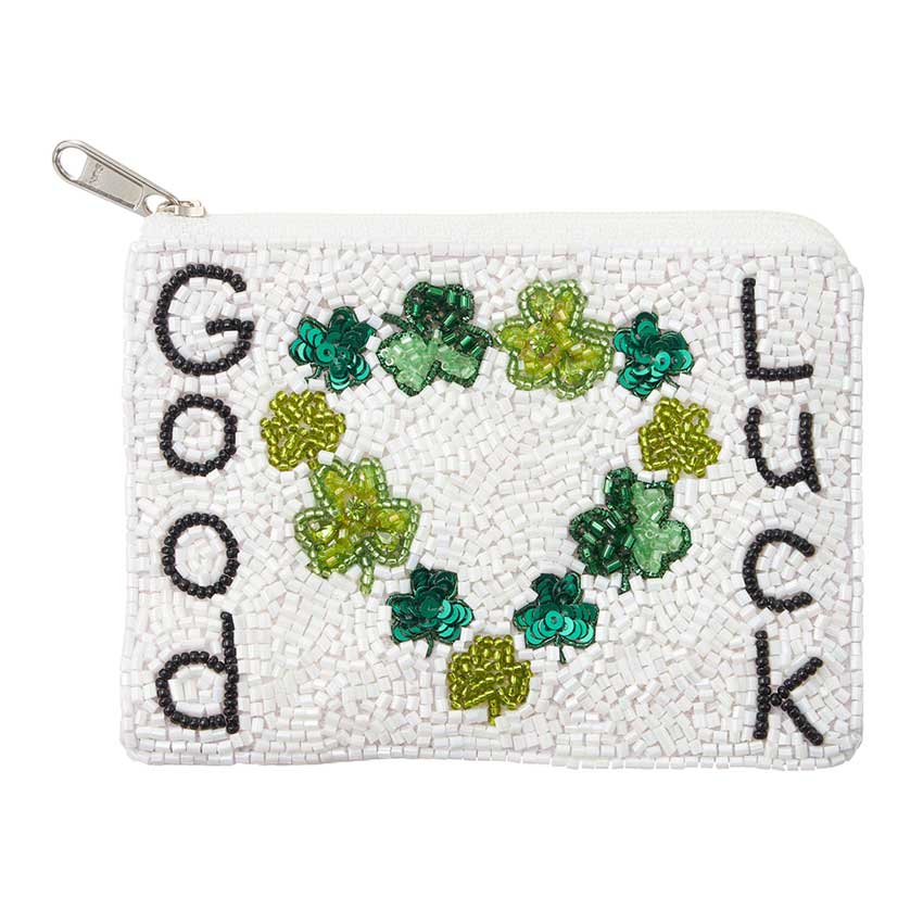 White Green GOOD LUCK Message St Patricks Clover Heart Seed Beaded Mini Pouch Bag, is adorned with a St. Patrick's Clover Heart Seed Bead design and is sure to bring good luck to its owner. Made with high-quality materials, it's both stylish and functional. Perfect for carrying small essential items and adding luck to any outfit.