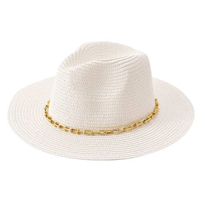 White sleek and stylish Hardware Chain Band Pointed Straw Hat. Made with high-quality straw and adorned with a chic hardware chain band, this hat is the perfect accessory for any outfit. Its pointed design adds a touch of elegance while providing protection from the sun. Upgrade your look with this hat.