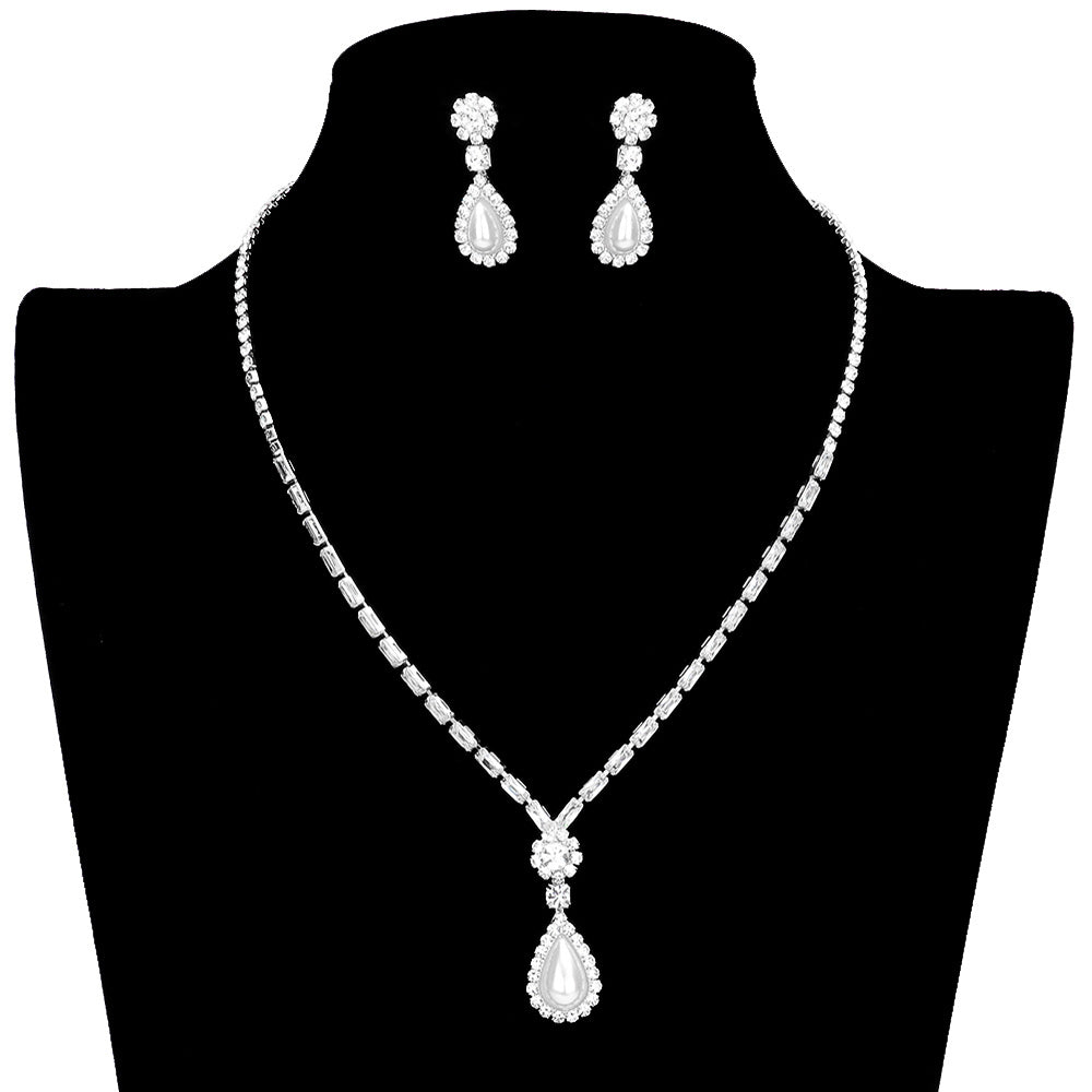 White Teardrop Pearl Accented Rhinestone Jewelry Set, this teardrop pearl jewelry set adds a touch of elegance to any look. This classic pearl-accented jewelry set is perfect for adding a touch of sparkle to any outfit. Gift for birthdays, anniversaries, Mother's Day, Prom Jewelry, or any other meaningful occasion.