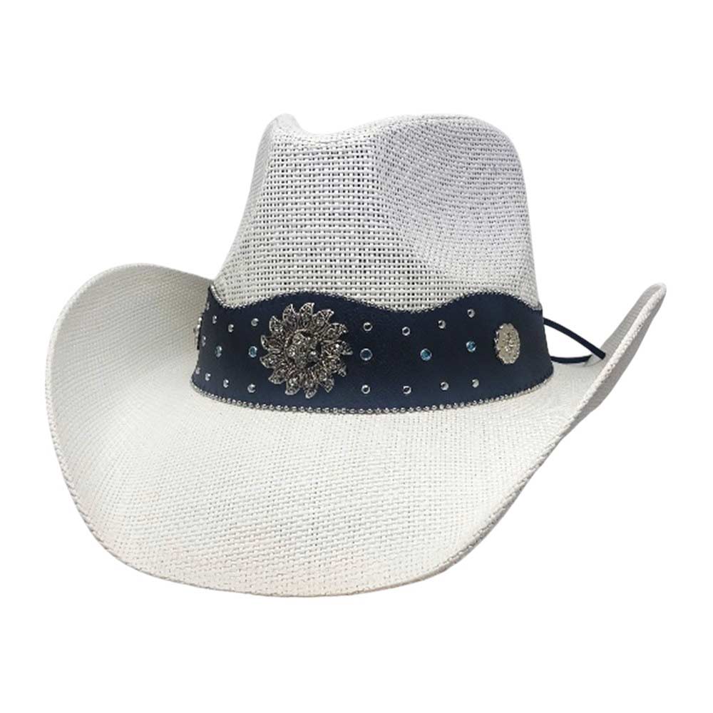 White Vintage Metal Western Flower Pointed Genuine Leather Straw Cowboy Hat, Expertly crafted from genuine leather and adorned with a vintage metal western flower, this cowboy hat is the perfect blend of style and functionality. The pointed design and straw material provide a classic look.