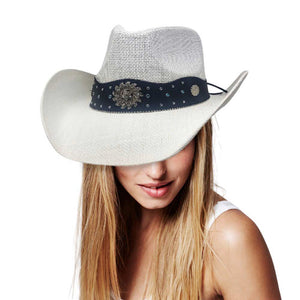 White Vintage Metal Western Flower Pointed Genuine Leather Straw Cowboy Hat, Expertly crafted from genuine leather and adorned with a vintage metal western flower, this cowboy hat is the perfect blend of style and functionality. The pointed design and straw material provide a classic look.