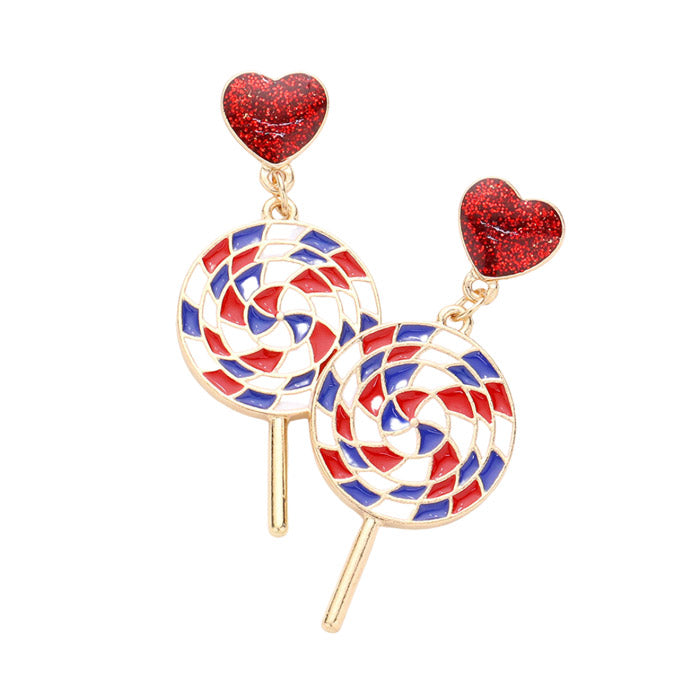 American USA Flag Heart Candy Cane Link Dangle Earrings