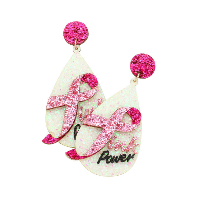Glittered Pink Power Message Ribbon Teardrop Earrings