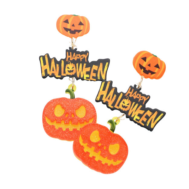 Complete your Halloween look with these fun Happy Halloween Message Glittered Resin Pumpkin Link Dangle Earrings! Uniquely designed with a spooky-sweet vibe, these earrings will make sure you stand out!. Perfect for your next costume party! Perfect for Halloween parties, cosplay, costume party, parade. Happy Halloween!