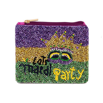 LETS MARDI PARTY Mardi Gras Mask Seed Beaded Mini Pouch Bag, Be the ultimate fashionista while carrying this trendy seed-beaded coin purse on this Mardi Gras! Great to carry something small or drop it in your bag. Perfect for carrying makeup, money, credit cards, keys or coins, & many more things.