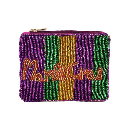 MARDI GRAS Message Seed Beaded Mini Pouch Bag, Be the ultimate fashionista while carrying this trendy seed-beaded coin purse on this Mardi Gras! Great to carry something small or drop it in your bag. Perfect for carrying makeup, money, credit cards, keys or coins, & many more things.