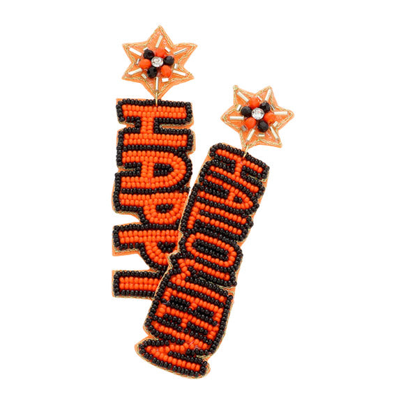 Orange Purple Happy Halloween Felt Back Beaded Message Dangle Earrings, share the spirit of Halloween with handmade seed Beaded Earrings. These earrings are just the thing you need to complete your Halloween costume! Let the spooky season begin! Perfect for Halloween parties, cosplay, costume party, parade. Happy Halloween! 