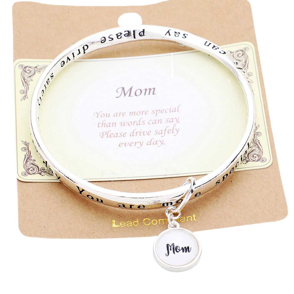Antique Silver Mom Charm Bangle Bracelet, express your loving Mother with this Bangle bracelet, reminding her that you’ll always cherish her as your first caregiver. Make your mom feel special with this gorgeous bangle bracelet gift! Her heart will swell with joy! Designed to add a gorgeous stylish glow to any outfit.