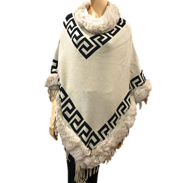 Faux Fur Trim Beige Knit  Greek Key Poncho Ruana, Beige Meander Pattern with Faux Fur Trim Poncho Ruana, warm soft and elegant, great for any occasion, will become your favorite accessory