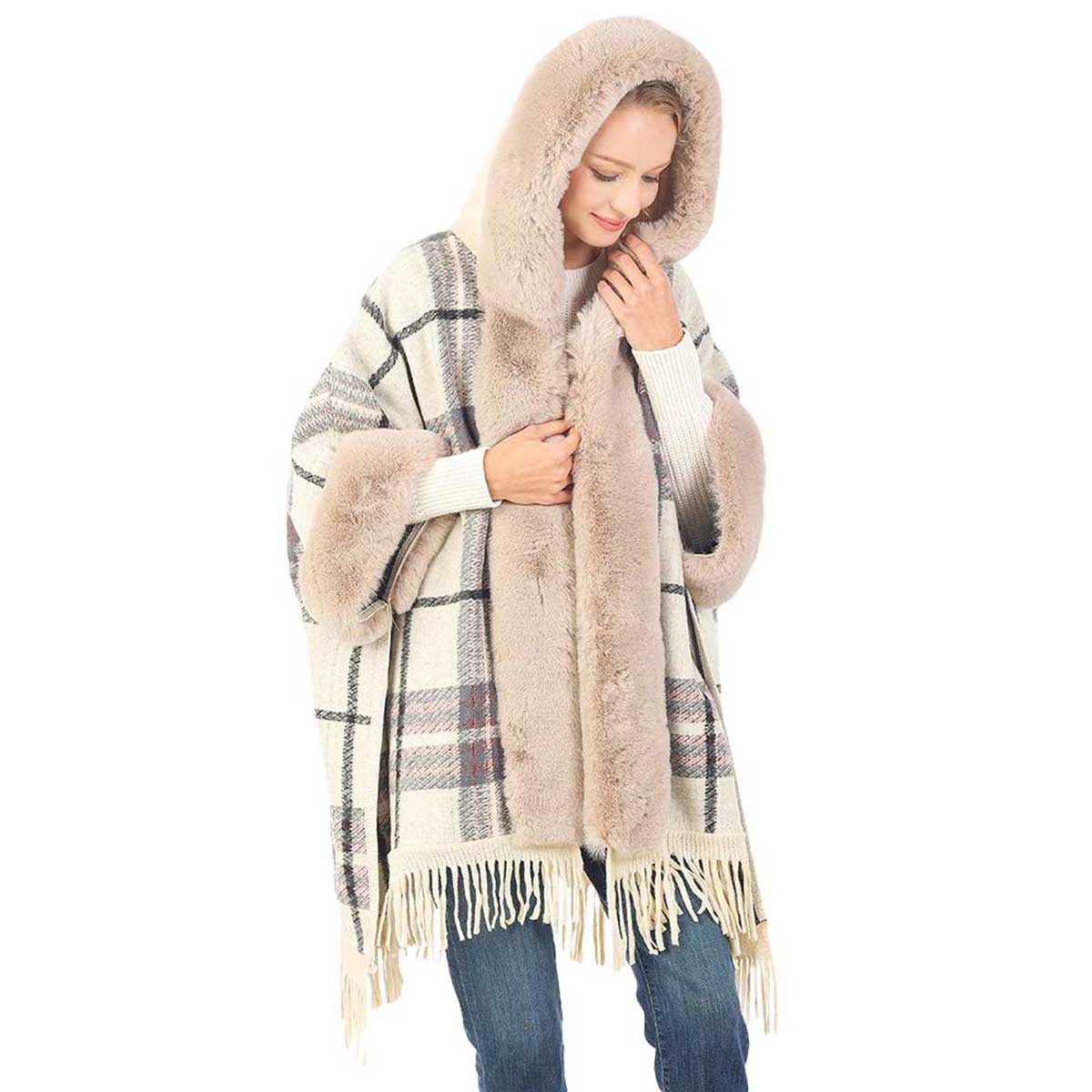 Beige Plaid Pattern With Solid Faux Fur Trim Edge, is the perfect representation of beauty and comfortability for this winter. It will surely make you stand out with its beautiful color variation. It goes with every winter outfit and gives you a unique yet beautiful outlook everywhere. It ensures your upper body keeps perfectly toasty when the temperatures drop. You can throw it on over so many pieces elevating any casual outfit!