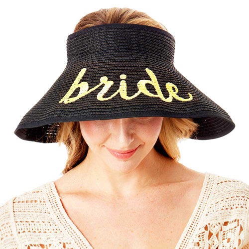 Beige Bride Message Roll Up Foldable Visor Sun Hat, This visor hat with Bride Message is Open top design offers great ventilation and heat dissipation. Features a roll-up function; incredibly convenient as it is foldable for easy storage or for taking on the go while traveling. This Summer sun  hat is perfect for walking along the beach,hanging by the pool, or any other outdoor activities.