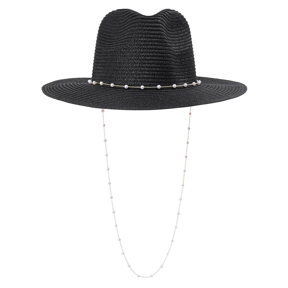 Khaki Pearl Embellished Panama Straw Sun Hat, The Chain Strap Straw Panama Hat is one of the most exquisite hats to date. Decorated with pearls, it brings summer sophistication right to your look. It is the trendy hat of the summer!