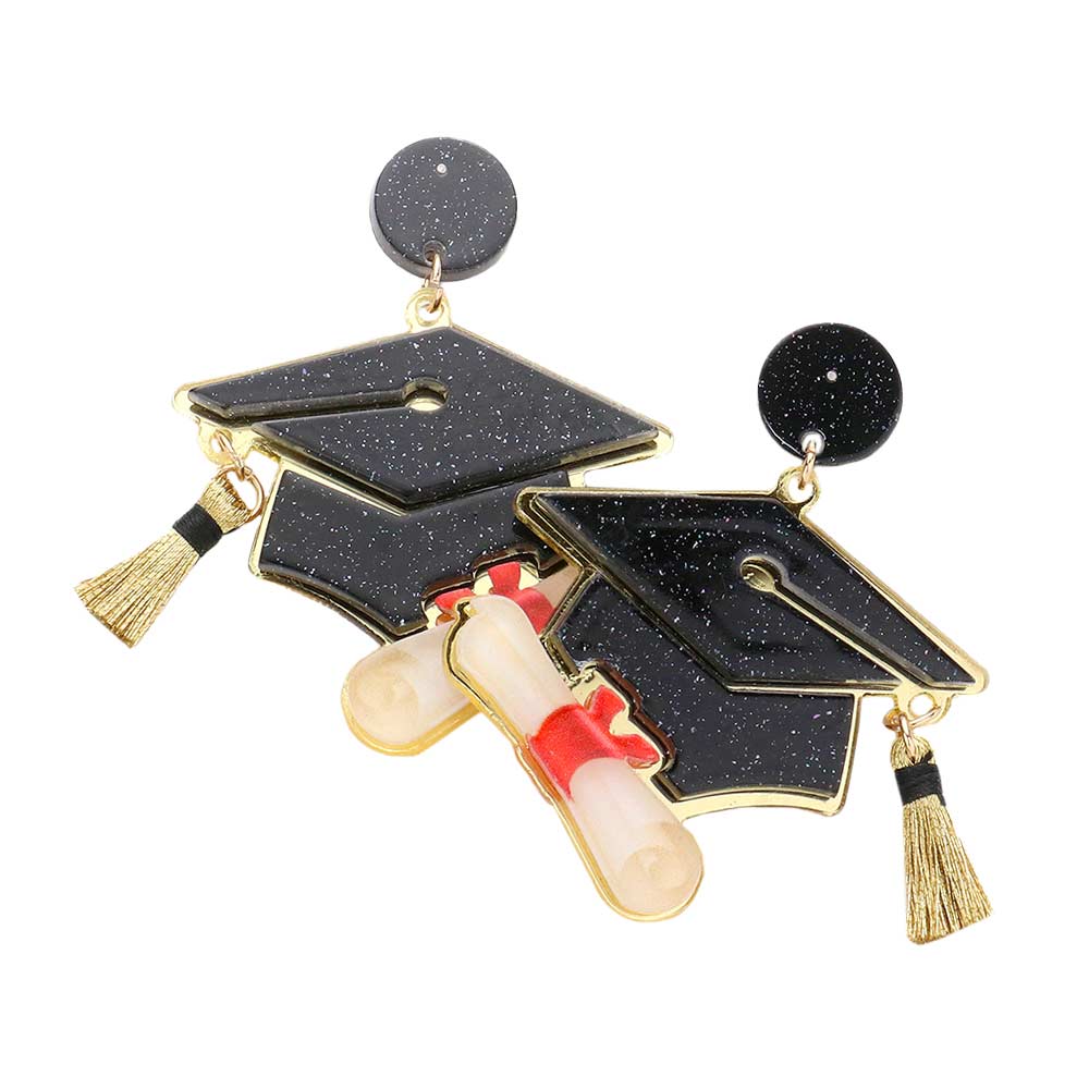 Black Glittered Resin Graduation Cap Dangle Earrings, show off your achievements with our glittered graduation cap earrings. From kindergarten to high school, college ceremonies, and faculty regalia these graduation cap dangle earrings will remind you to enjoy the journey as you wander, dream, and reach for your goals.