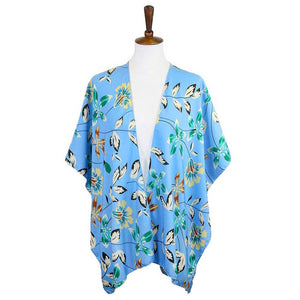 Blue Flower Printed Cover Up Kimono Poncho. Lightweight and soft brushed fabric exterior fabric that make you feel more warm and comfortable. Cute and trendy poncho for women. Great for dating, hanging out, daily wear, vacation, travel, shopping, holiday attire, office, work, outwear, fall, spring or early winter. Perfect Gift for Wife, Mom, Birthday, Holiday, Anniversary, Fun Night Out.