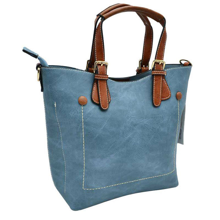 Blue Genuine Leather Tote Shoulder Handbags For Women. Ideal for everyday occasions such as work, school, shopping, etc. Made of high quality leather material that's light weight and comfortable to carry. Spacious main compartment with magnetic snap closure to safely store a variety of personal items such as wallet, tablet, phone, books, and other essentials. One interior open pocket for small accessories within hand's reach.