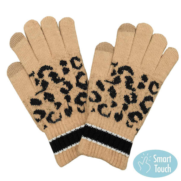 Black Leopard Patterned Striped Cuff Knit Smart Gloves. Before running out the door into the cool air, you’ll want to reach for these toasty gloves to keep your head incredibly warm. Accessorize the fun way with these gloves, it's the autumnal touch you need to finish your outfit in style. Awesome winter gift accessory!
