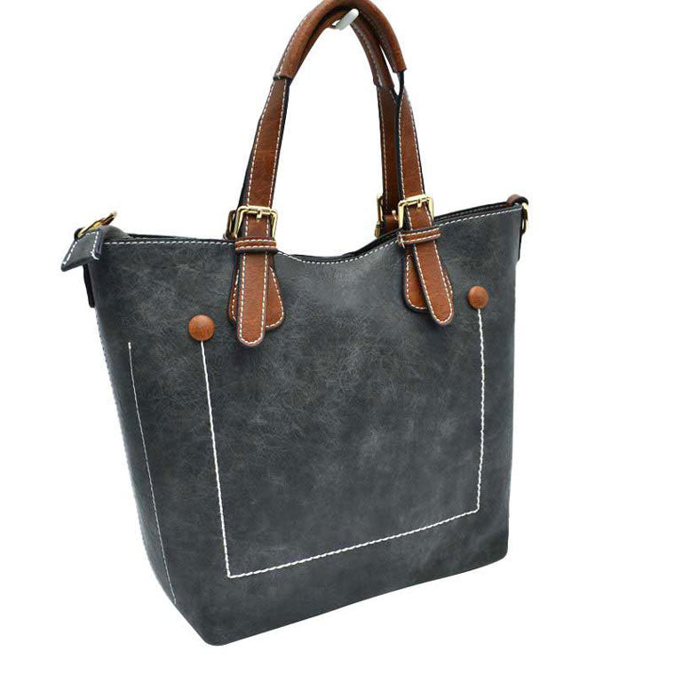 Dark Gray Genuine Leather Tote Shoulder Handbags For Women. Ideal for everyday occasions such as work, school, shopping, etc. Made of high quality leather material that's light weight and comfortable to carry. Spacious main compartment with magnetic snap closure to safely store a variety of personal items such as wallet, tablet, phone, books, and other essentials. One interior open pocket for small accessories within hand's reach.